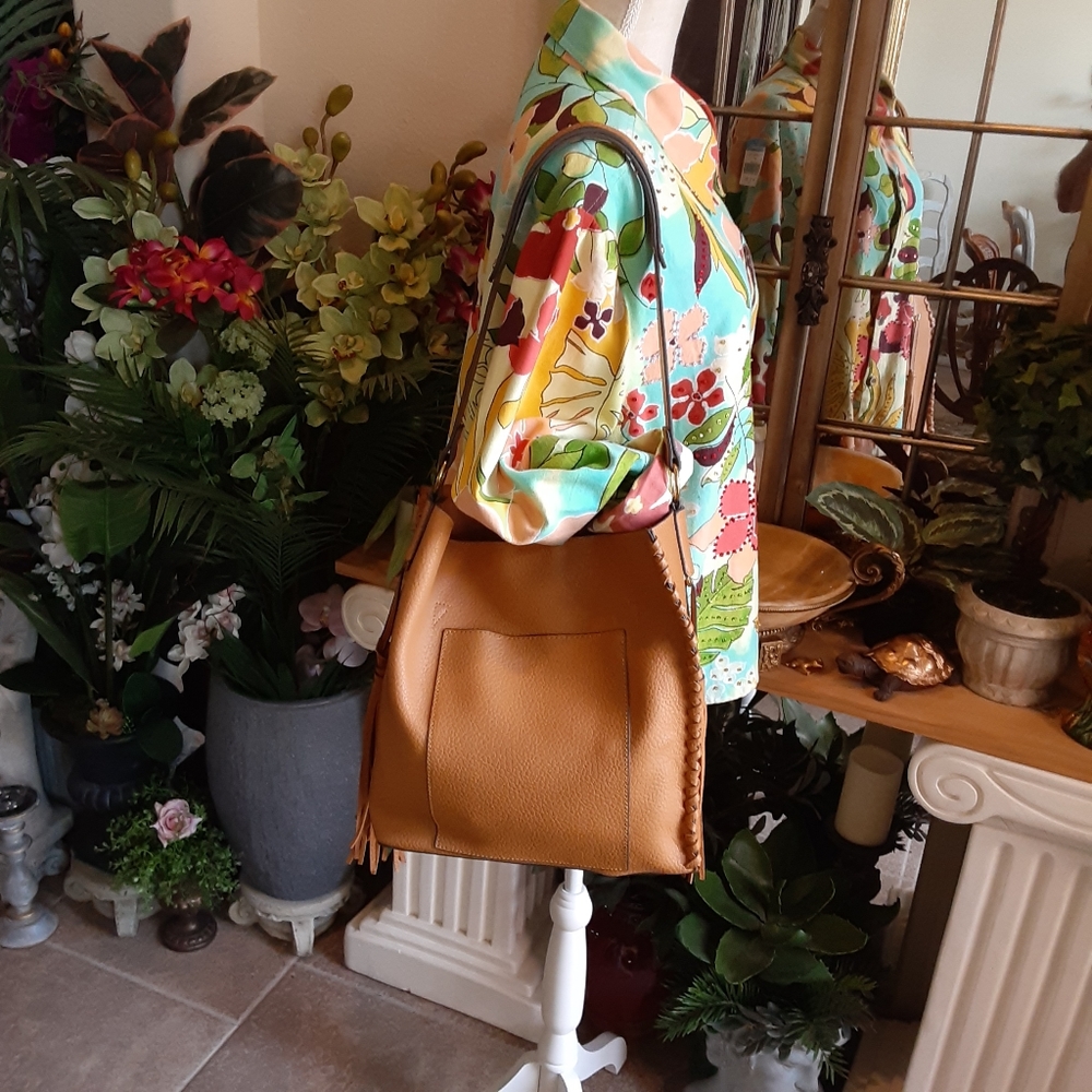 Sondra Roberts Squared Cognac Fringe Boho Hobo Bag - Like New
